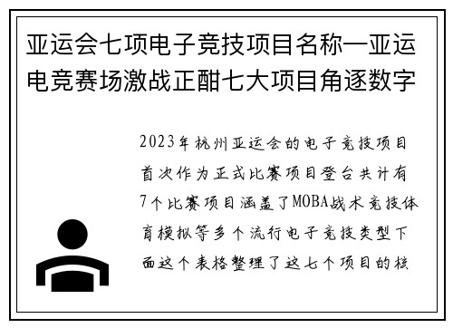 亚运会七项电子竞技项目名称—亚运电竞赛场激战正酣七大项目角逐数字王者